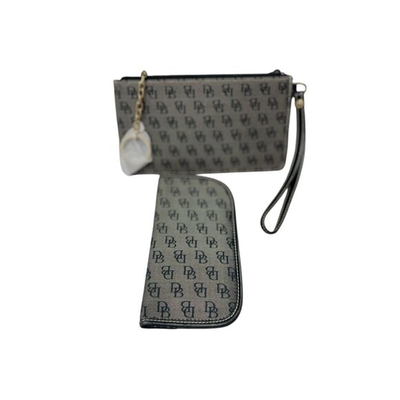Dooney & Bourke Vintage Wristlet & Eyeglasses Case Black Logo Leather Trim